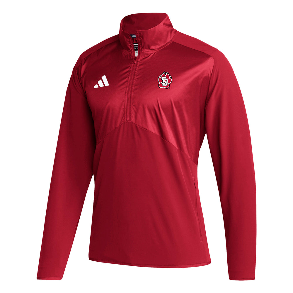Red long sleeve quarter zip with SD paw on top right 