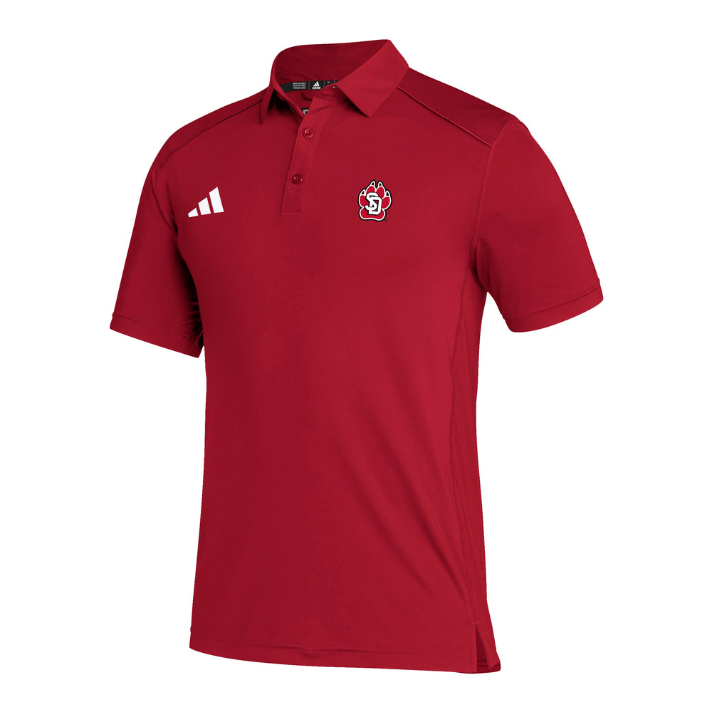 Red Adidas polo with full color SD paw logo on upper left chest and white Adidas logo on upper right chest