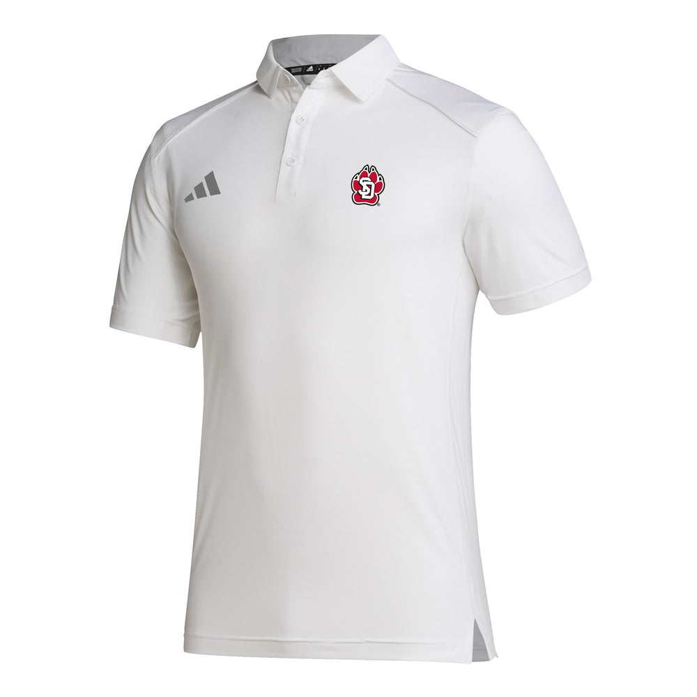 White Adidas polo with full color SD paw logo on upper left chest and gray Adidas logo on upper right chest