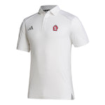 White Adidas polo with full color SD paw logo on upper left chest and gray Adidas logo on upper right chest
