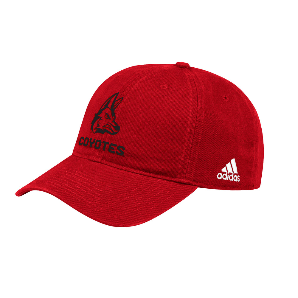 Red cap with 'Coyotes' and Coyote head logo in black on front and white Adidas logo on side.