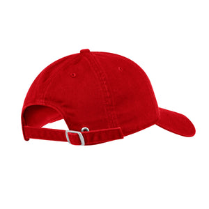 Back of red Adidas hat showing adjustability. 