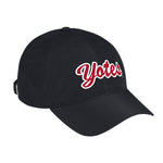 Black Adidas hat with red and white script 'Yotes' embroidered across front.