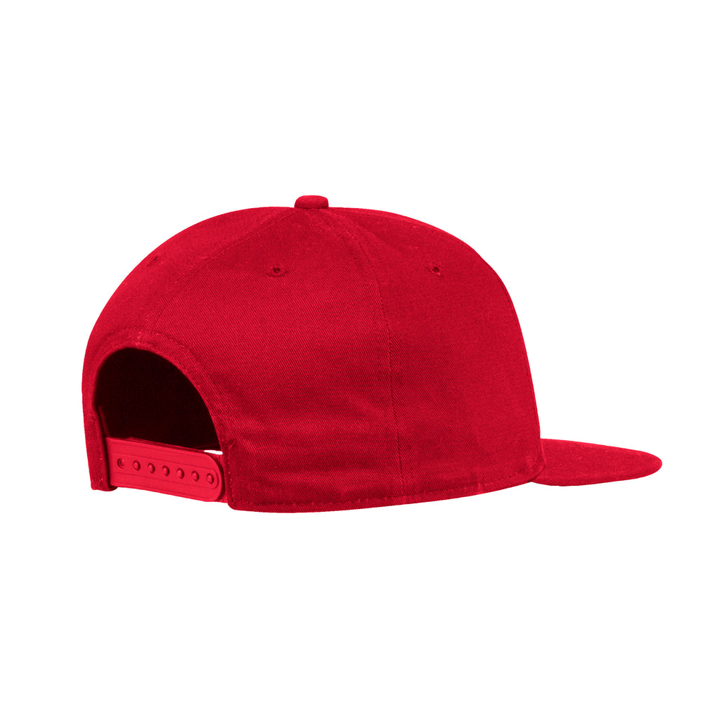 Back of red Adidas snapback hat