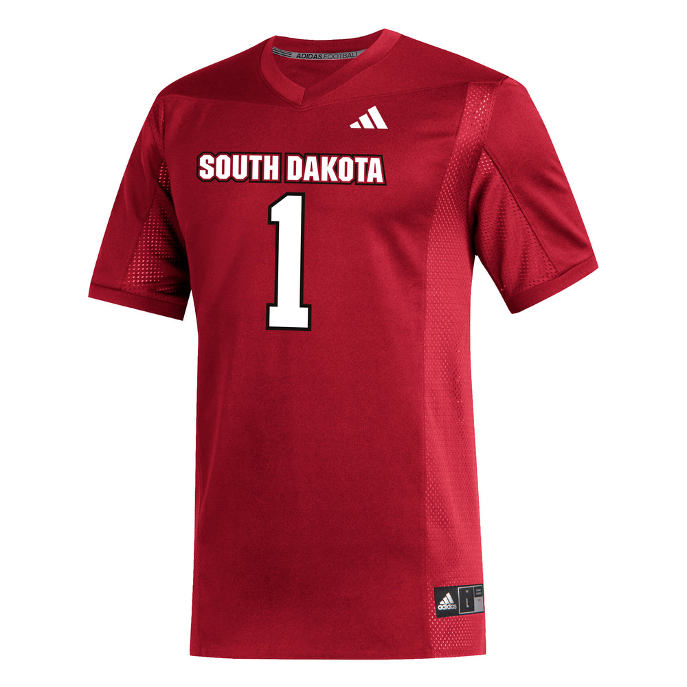 Red Adidas jersey with white South Dakota #1 lettering