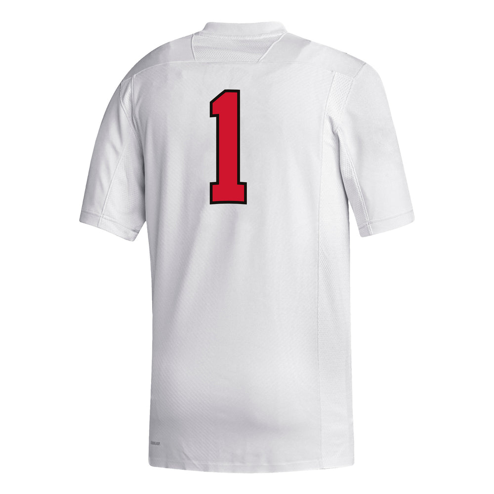 
                
                    Load image into Gallery viewer, Back of white Adidas jersey with red #1 
                
            
