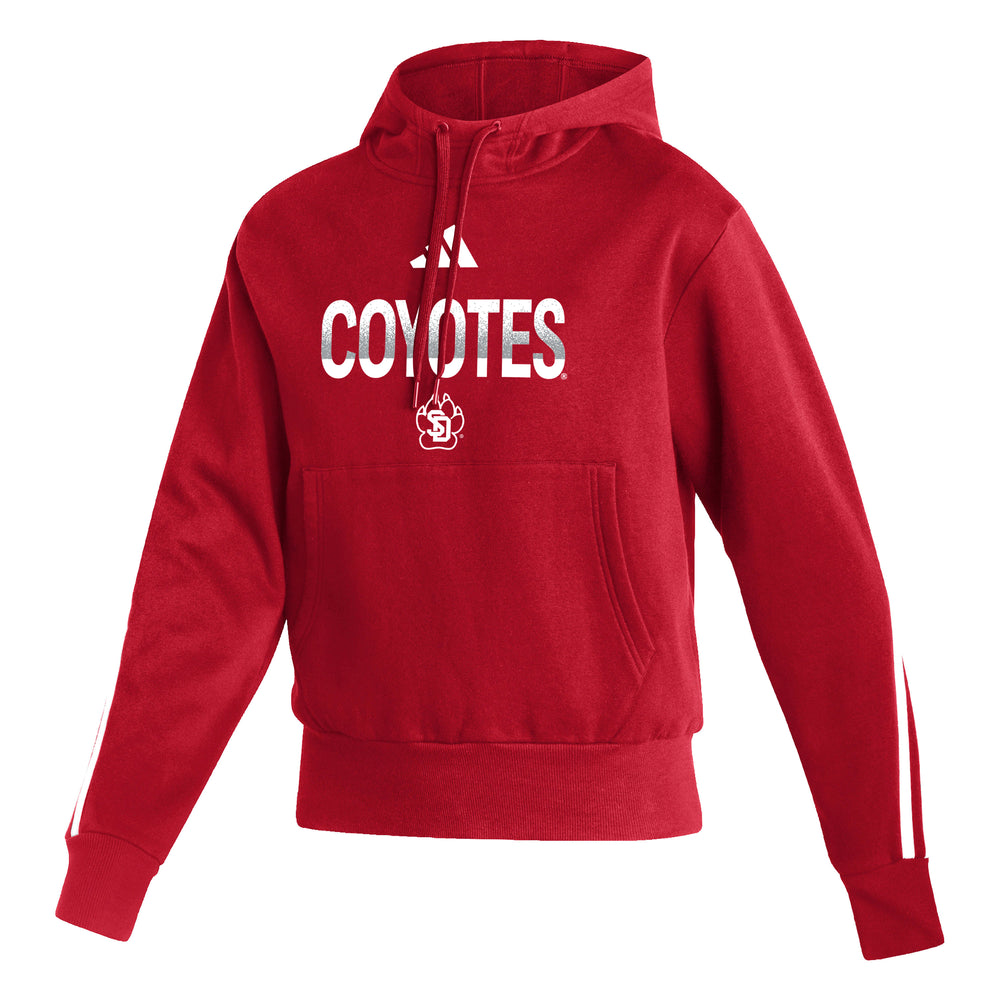 
                
                    Load image into Gallery viewer, Red Adidas long sleeve hoodie with white stripes on sleeves across back and text on chest that says, &amp;#39;COYOTES&amp;#39; in white and gray with a white SD Paw logo below and Adidas logo above
                
            