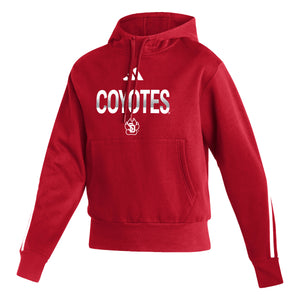 
                
                    Load image into Gallery viewer, Red Adidas long sleeve hoodie with white stripes on sleeves across back and text on chest that says, &amp;#39;COYOTES&amp;#39; in white and gray with a white SD Paw logo below and Adidas logo above
                
            