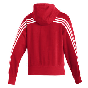 Back of red hoodie showing the 3 white stripes down arms and across back