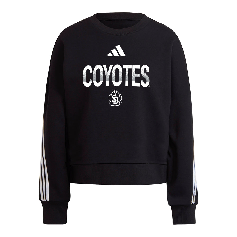 
                
                    Load image into Gallery viewer, Black Adidas cropped women&amp;#39;s crew with three white stripes on sleeves and across back and white text, &amp;#39;COYOTES&amp;#39; and white Adidas and SD Paw logo across chest
                
            