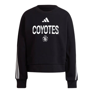 Black Adidas cropped women's crew with three white stripes on sleeves and across back and white text, 'COYOTES' and white Adidas and SD Paw logo across chest