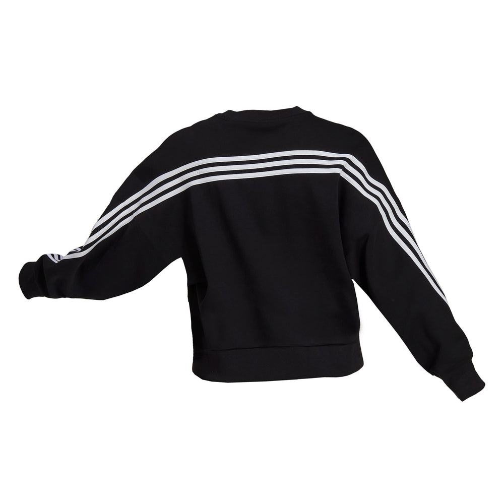 Back of black Adidas cropped crew showing three white stripes running from sleeve to sleeve across the back