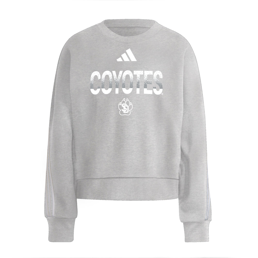 
                
                    Load image into Gallery viewer, Gray Adidas cropped women&amp;#39;s crew with three white stripes on sleeves and across back and white text, &amp;#39;COYOTES&amp;#39; and white Adidas and SD Paw logo across chest
                
            
