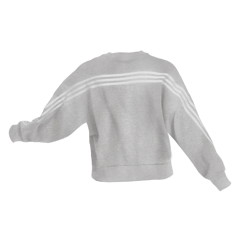
                
                    Load image into Gallery viewer, Back of gray Adidas cropped crew showing three white stripes running from sleeve to sleeve across the back
                
            