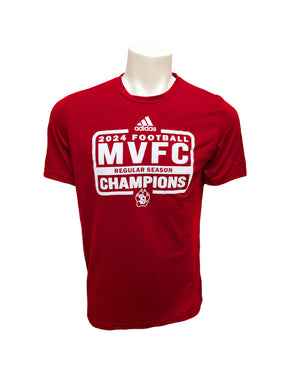 Red Adidas tee with large white graphic including Adidas logo, SD Paw logo and text, '2024 FOOTBALL MVFC REGULAR SEASON CHAMPIONS.'