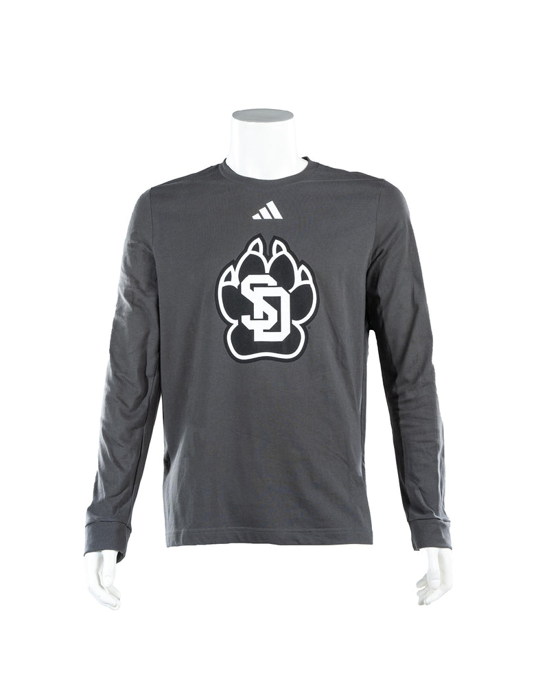 Gray Adidas long-sleeve tee with black and white SD Paw logo large across chest and small white Adidas logo above.