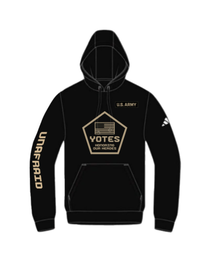 Black Adidas hoodie with U.S. Army logo on upper left chest, tan pentagon shaped with U.S. flag and text 'YOTES HONORING OUR HEROES' inside it on chest, and the word 'UNAFRAID' running down the right sleeve. 