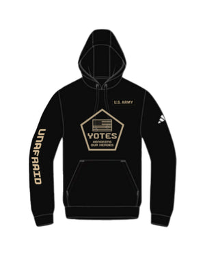 Black Adidas hoodie with U.S. Army logo on upper left chest, tan pentagon shaped with U.S. flag and text 'YOTES HONORING OUR HEROES' inside it on chest, and the word 'UNAFRAID' running down the right sleeve. 