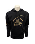 Black Adidas hoodie with U.S. Army logo patch on upper left chest, tan pentagon shaped with U.S. flag and text 'YOTES HONORING OUR HEROES' inside it on chest, and the word 'UNAFRAID' running down the right sleeve. 