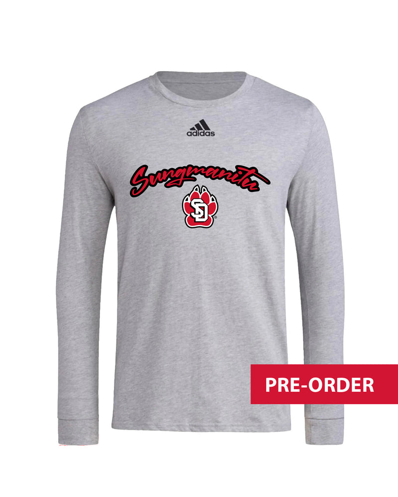 Gray Adidas long-sleeve with black Adidas logo on chest and black and red 'Sungmanitu' below with SD Paw logo. 