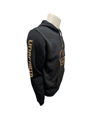 Side view of black Adidas hoodie with U.S. Army logo on upper left chest, tan pentagon shaped with U.S. flag and text 'YOTES HONORING OUR HEROES' inside it on chest, and the word 'UNAFRAID' running down the right sleeve. 