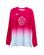 Pink and white gradient long-sleeve Adidas performance tee with large white SD Paw logo on chest and small Adidas logo one upper right chest. 