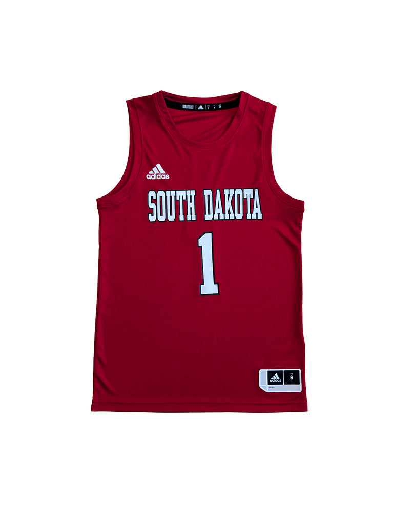 Red Adidas unisex basketball jersey with white text, 'SOUTH DAKOTA,' and white number one on chest. Small white Adidas logo above. 