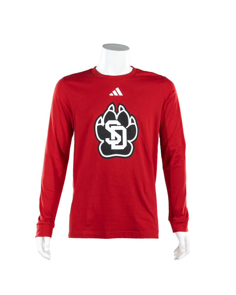 Red Adidas long-sleeve tee with large black and white SD Paw logo across chest and small white Adidas logo above.