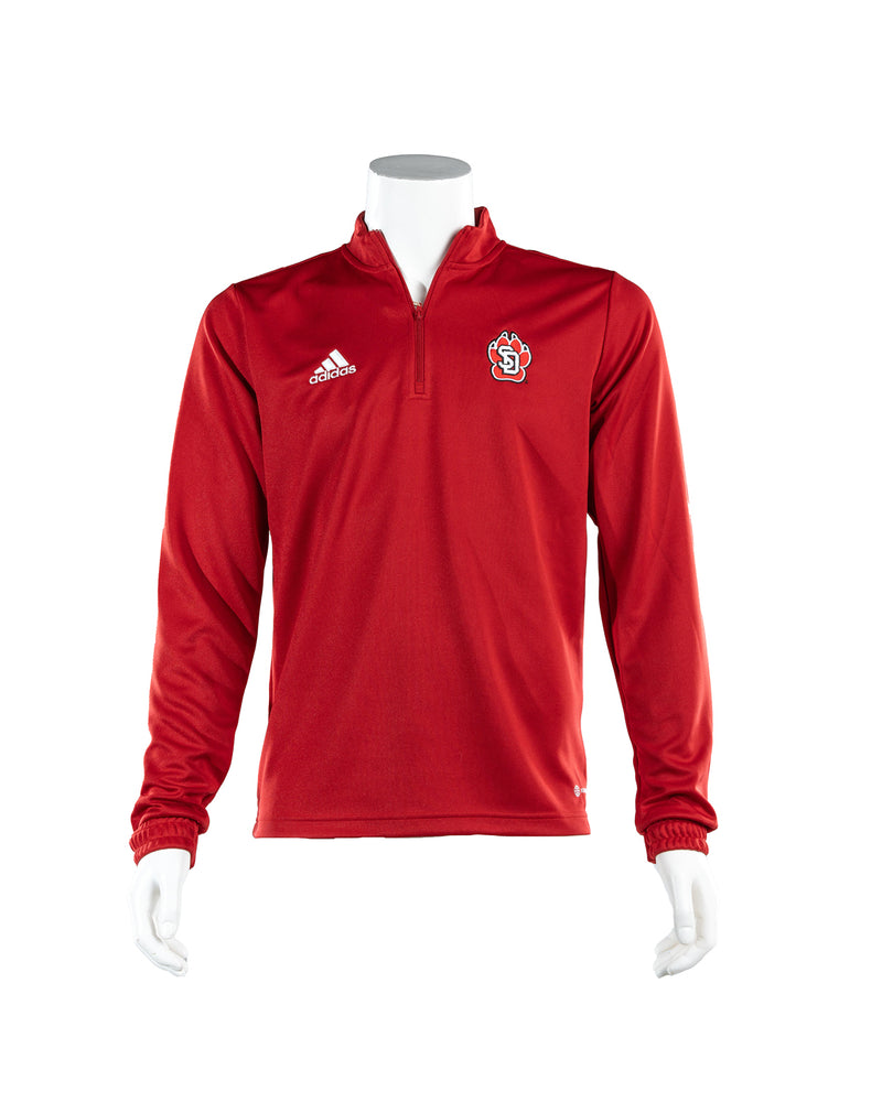 Adidas men's red quarter zip with red, white and black SD Paw logo on upper left chest and white Adidas logo on upper right chest. 