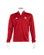 Adidas men's red quarter zip with red, white and black SD Paw logo on upper left chest and white Adidas logo on upper right chest. 