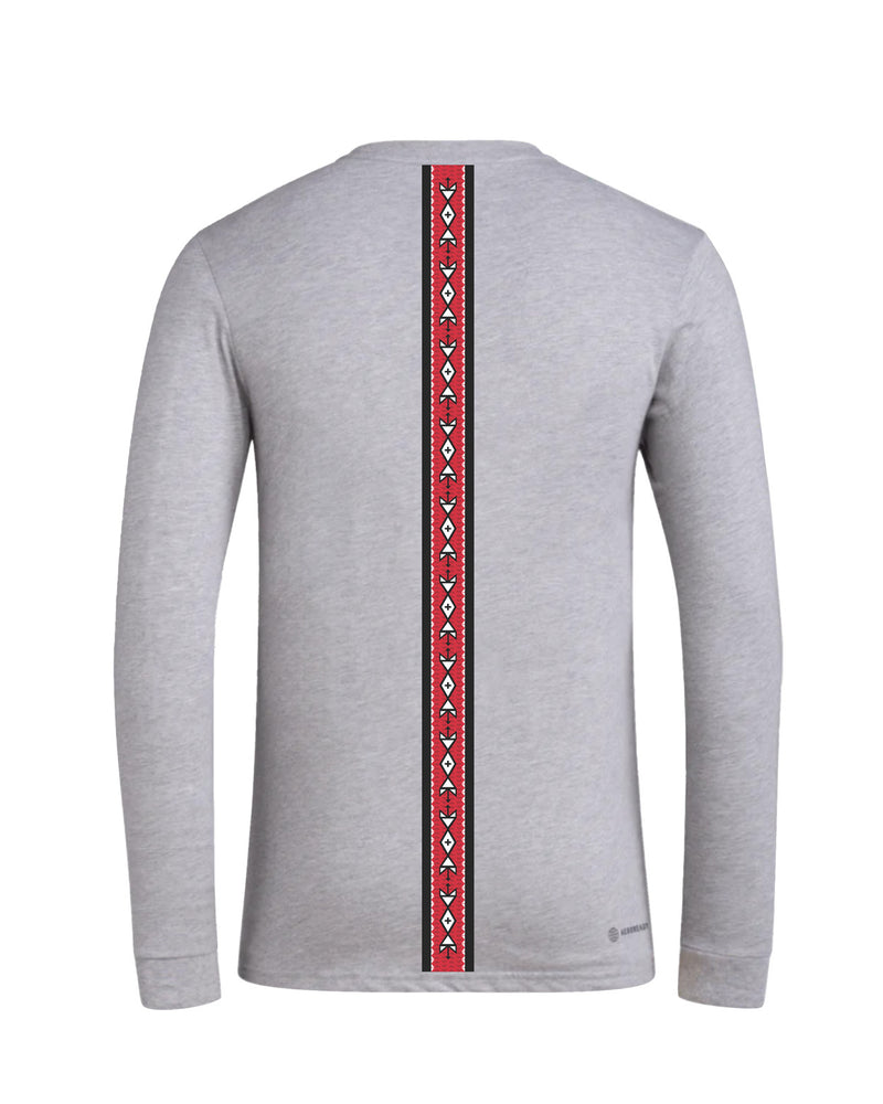 Back of gray Adidas long-sleeve with red and black strip with Native American designs and symbols. 