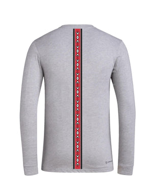 Back of gray Adidas long-sleeve with red and black strip with Native American designs and symbols. 
