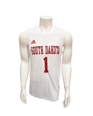 White Adidas unisex basketball jersey with red text, 'SOUTH DAKOTA,' and red number one on chest. Small red Adidas logo above. 