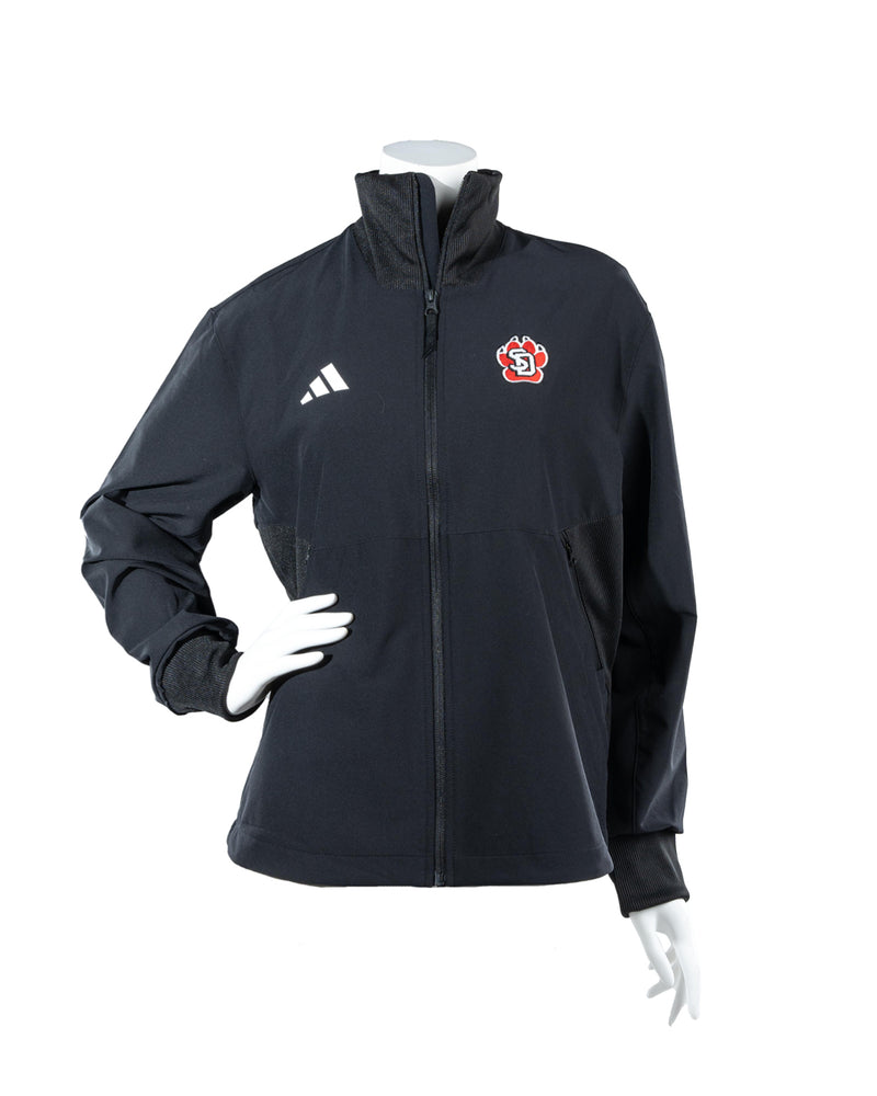 Adidas Women's black full zip jacket with red, white and black SD Paw logo on upper left chest and white Adidas logo on upper right chest. 