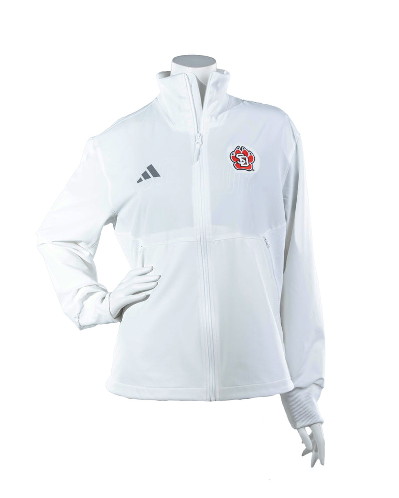 Adidas Women's white full zip jacket with red, white and black SD Paw logo on upper left chest and gray Adidas logo on upper right chest. 