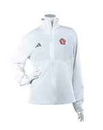 Adidas Women's white full zip jacket with red, white and black SD Paw logo on upper left chest and gray Adidas logo on upper right chest. 