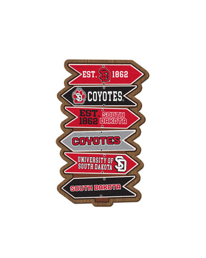 Decorative sign refrigerator magnet with arrow signs reading 'Coyotes' 'University of South Dakota' 'EST. 1862' 'SOUTH DAKOTA' etc. 