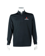 Black quarter zip with white embroidered, 'UNIVERSITY OF SOUTH DAKOTA BEACOM SCHOOL OF BUSINESS,' and red SD logo above on upper left chest. 