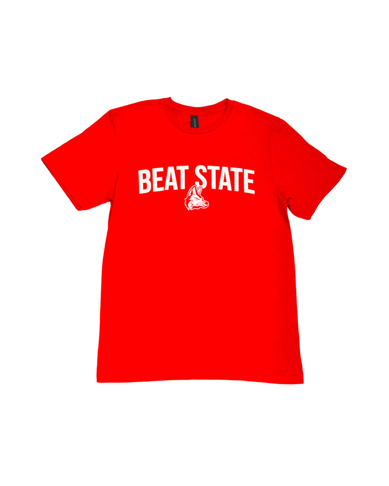 Red unisex tee with white text, 'BEAT STATE,' and coyote head logo below smaller