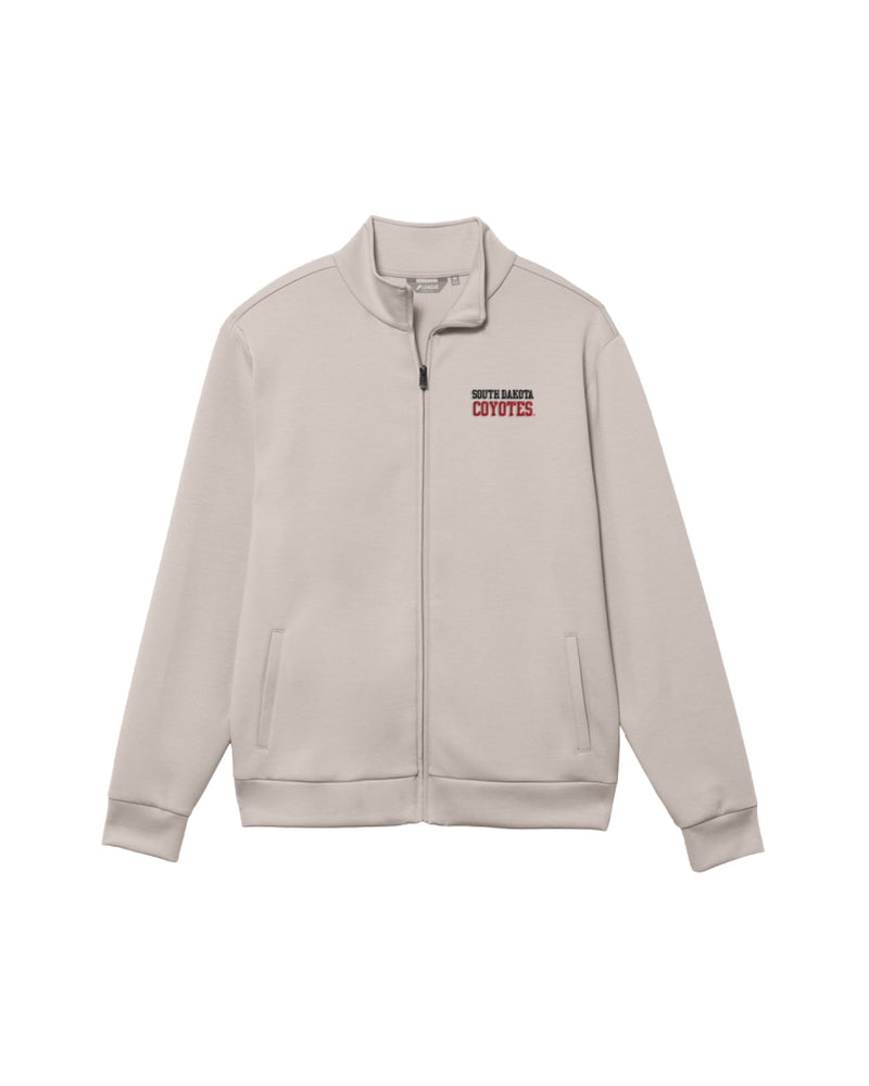Sand full-zip jacket with 'SOUTH DAKOTA COYOTES' in black and red on upper left chest. 
