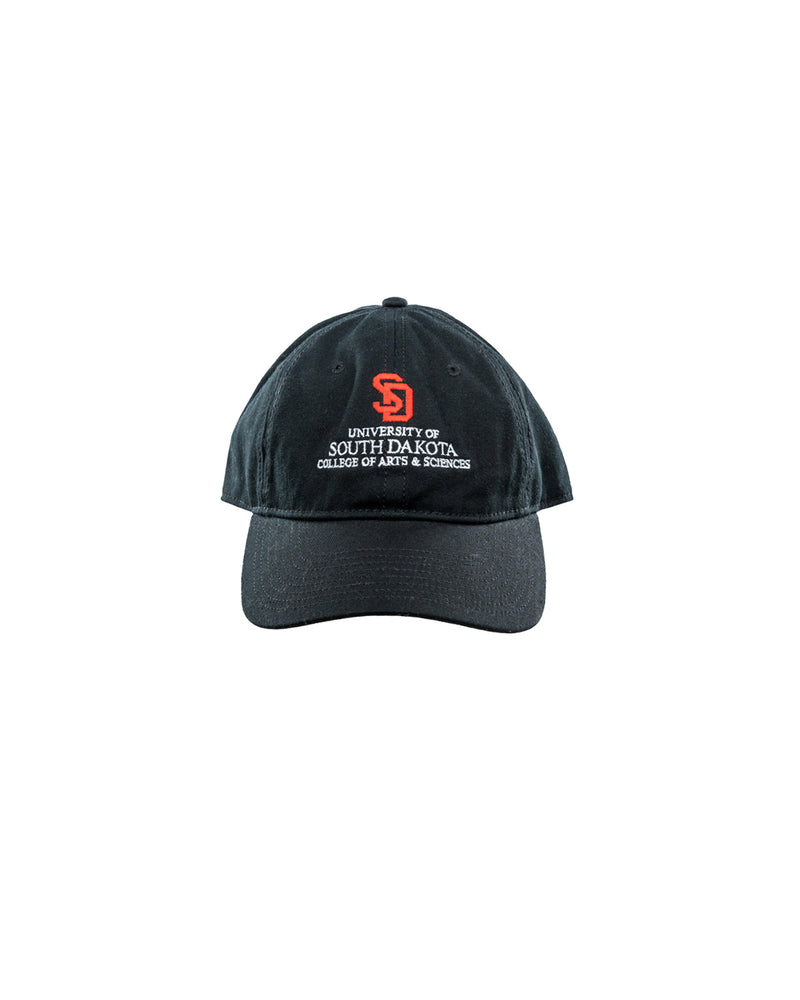 Black hat with red embroidered SD logo and white text below, 'UNIVERSITY OF SOUTH DAKOTA COLLEGE OF ARTS & SCIENCES.'