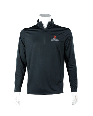 Black quarter zip with white embroidered, 'UNIVERSITY OF SOUT DAKOTA COLLEGE OF ARTS & SCIENCES,' and red SD logo above on upper left chest. 