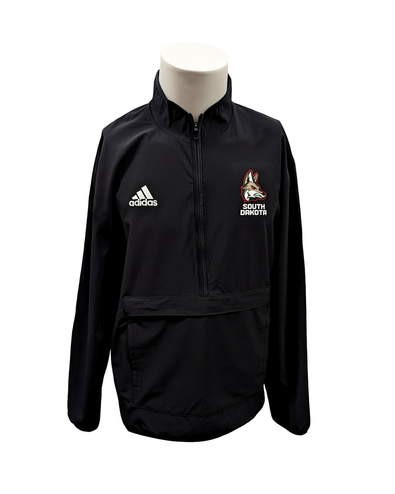Black men's Adidas half zip jacket with front pouch pocket, full color Coyote logo with 'SOUTH DAKOTA' underneath on upper left chest and white Adidas logo on upper right chest. 