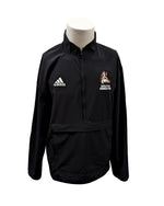 Black men's Adidas half zip jacket with front pouch pocket, full color Coyote logo with 'SOUTH DAKOTA' underneath on upper left chest and white Adidas logo on upper right chest. 