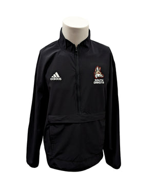 Black men's Adidas half zip jacket with front pouch pocket, full color Coyote logo with 'SOUTH DAKOTA' underneath on upper left chest and white Adidas logo on upper right chest. 