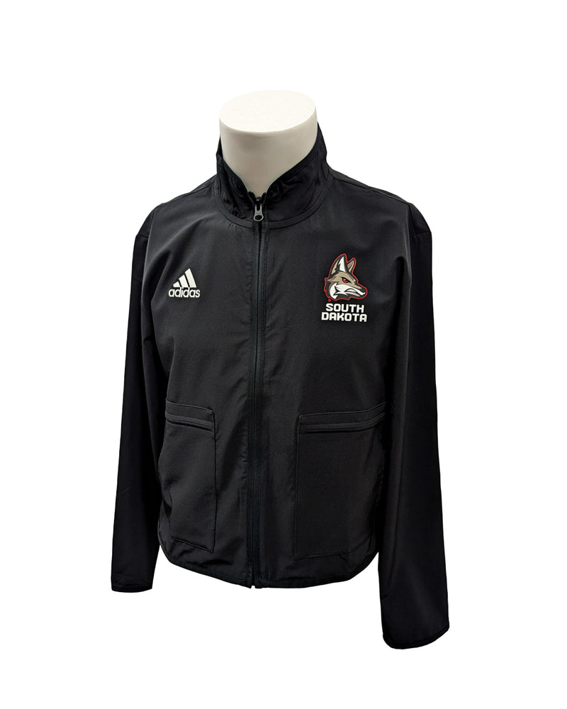 Black full zip women's Adidas jacket with pockets on front and Coyote full color logo with 'SOUTH DAKOTA' underneath on upper left chest and white Adidas logo on upper right chest. 