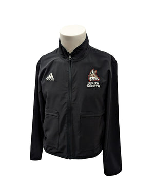 Black full zip women's Adidas jacket with pockets on front and Coyote full color logo with 'SOUTH DAKOTA' underneath on upper left chest and white Adidas logo on upper right chest. 