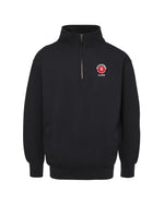 Black quarter zip with embroidered 'UNIVERSITY OF SOUTH DAKOTA ALUMNI,' in a circle with the SD Paw logo in red, white and black on the upper left chest.