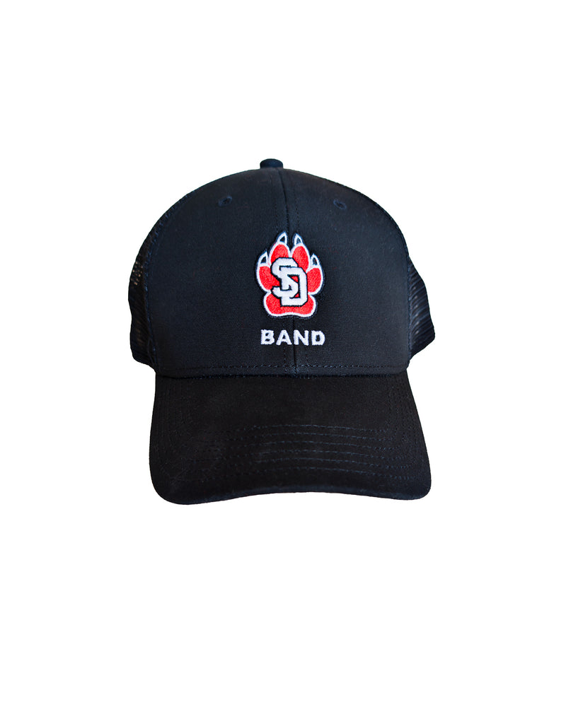 Black trucker style hat with mesh back and embroidered front with SD Paw logo and white text below, 'BAND.'