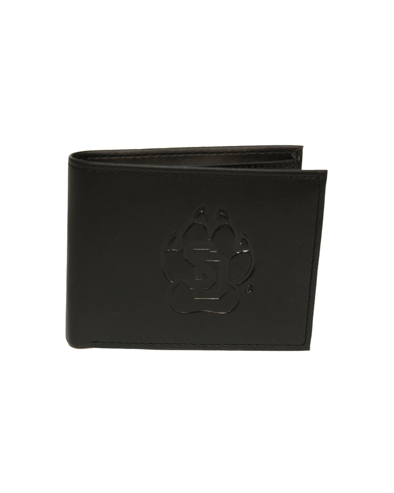 Black bifold wallet with tonal SD Paw logo on front